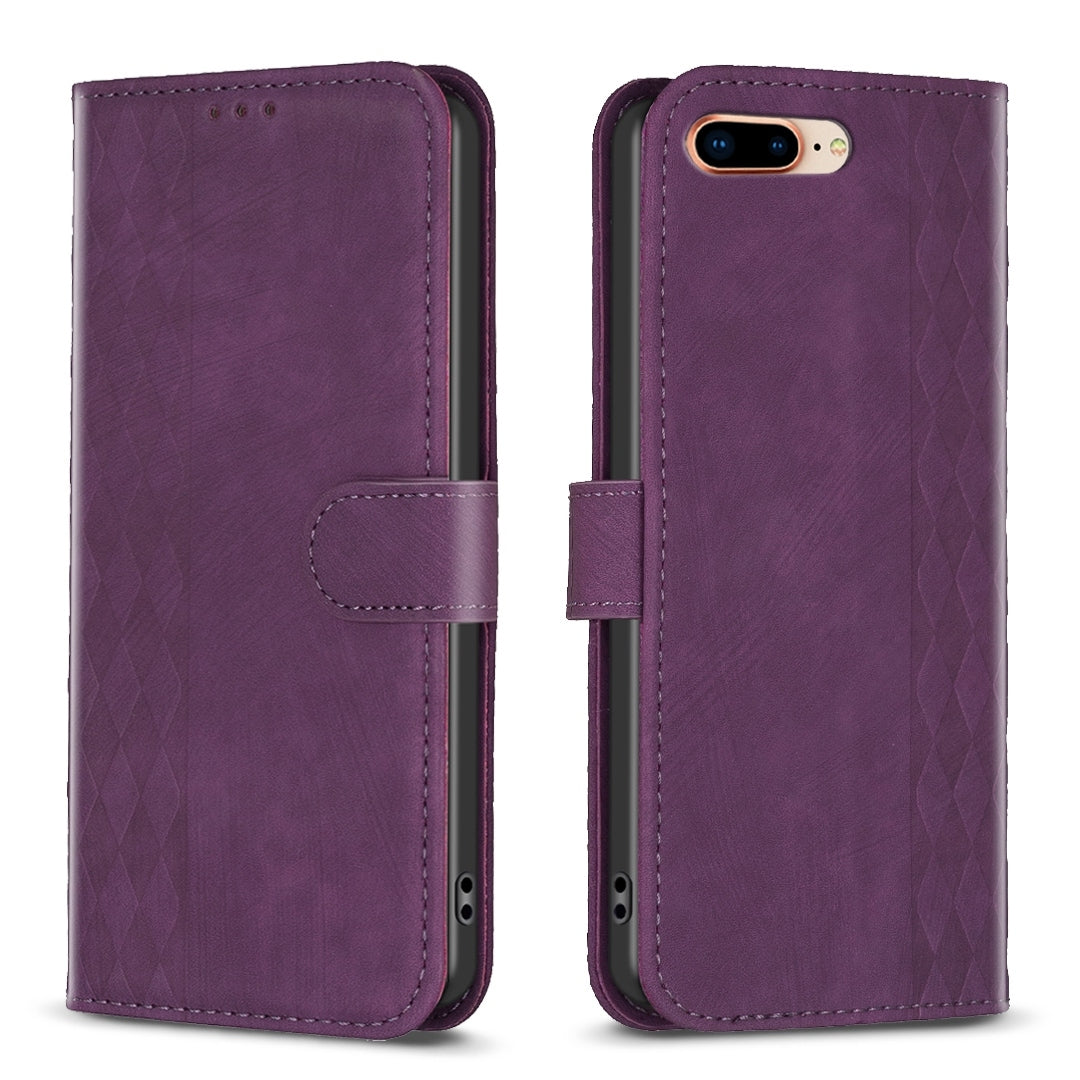 iPhone 8 Plus Plaid Embossed Leather Phone Case – Premium Wallet Kickstand & Shock Absorption for Durable Protection