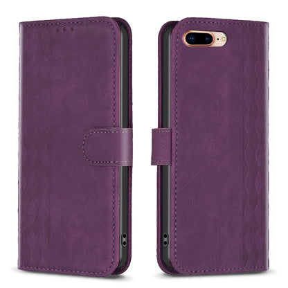 iPhone 8 Plus Plaid Embossed Leather Phone Case – Premium Wallet Kickstand & Shock Absorption for Durable Protection
