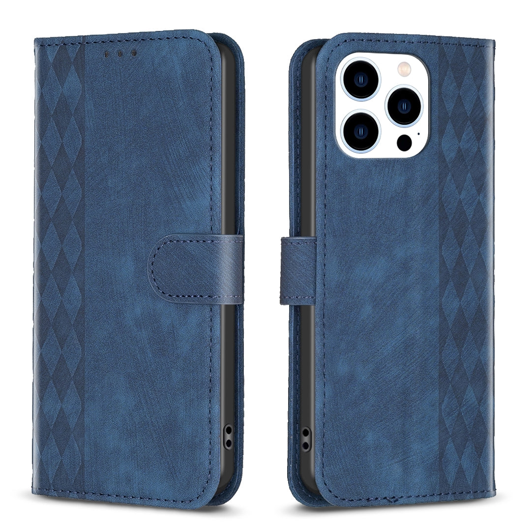iPhone 15 Pro Max Plaid Embossed Leather Phone Case – Premium Wallet Kickstand & Shock Absorption for Durable Protection