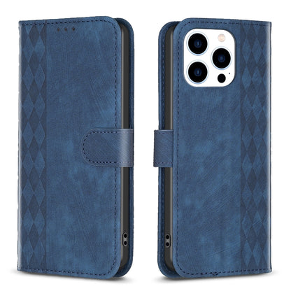 iPhone 15 Pro Max Plaid Embossed Leather Phone Case – Premium Wallet Kickstand & Shock Absorption for Durable Protection