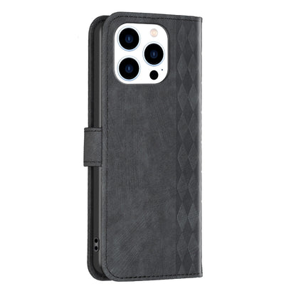 iPhone 15 Pro Max Plaid Embossed Leather Phone Case – Premium Wallet Kickstand & Shock Absorption for Durable Protection