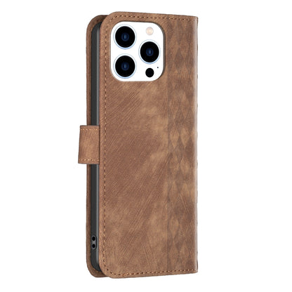 iPhone 15 Pro Plaid Embossed Leather Phone Case – Premium Wallet Kickstand & Shock Absorption for Durable Protection
