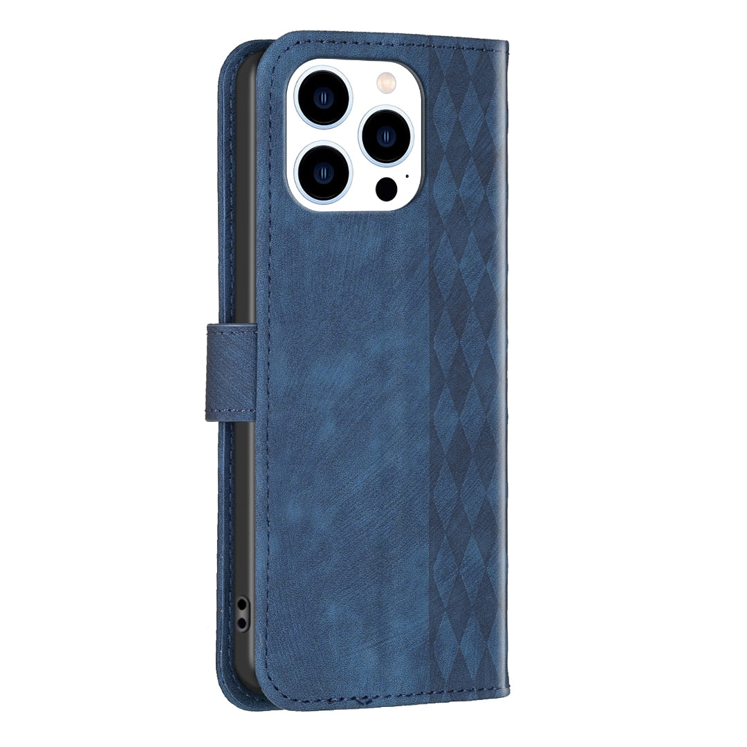 iPhone 15 Pro Plaid Embossed Leather Phone Case – Premium Wallet Kickstand & Shock Absorption for Durable Protection