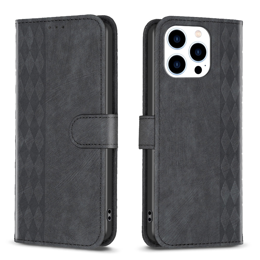 iPhone 15 Pro Plaid Embossed Leather Phone Case – Premium Wallet Kickstand & Shock Absorption for Durable Protection
