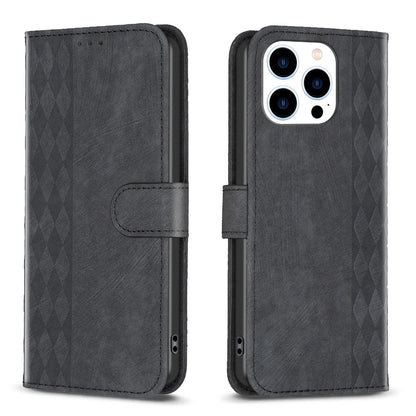 iPhone 15 Pro Plaid Embossed Leather Phone Case – Premium Wallet Kickstand & Shock Absorption for Durable Protection