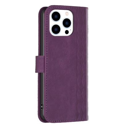 iPhone 15 Pro Plaid Embossed Leather Phone Case – Premium Wallet Kickstand & Shock Absorption for Durable Protection