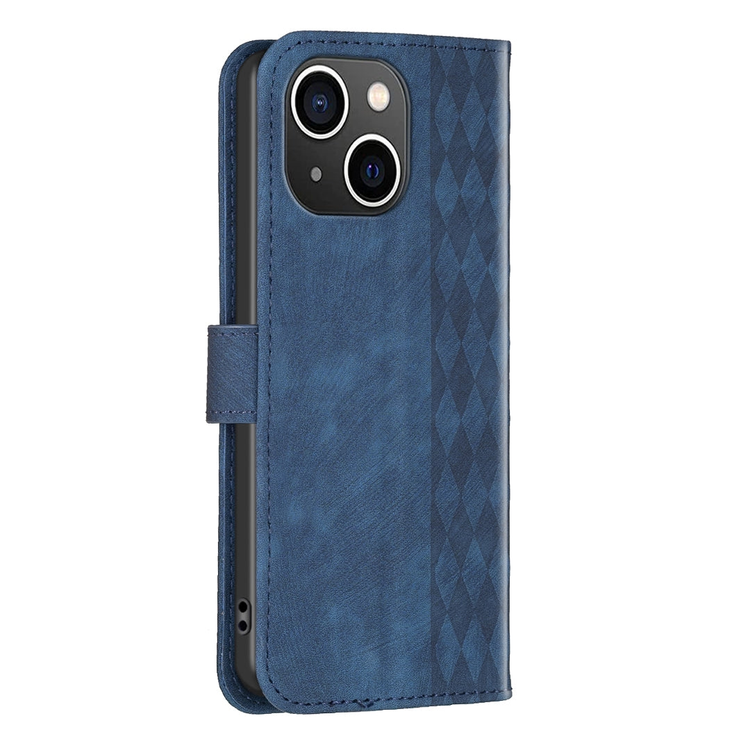 iPhone 15 Plus Plaid Embossed Leather Phone Case – Premium Wallet Kickstand & Shock Absorption for Durable Protection