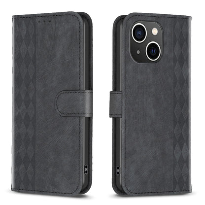 iPhone 15 Plus Plaid Embossed Leather Phone Case – Premium Wallet Kickstand & Shock Absorption for Durable Protection
