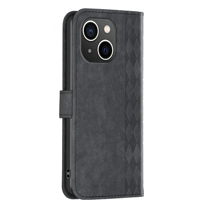 iPhone 15 Plus Plaid Embossed Leather Phone Case – Premium Wallet Kickstand & Shock Absorption for Durable Protection