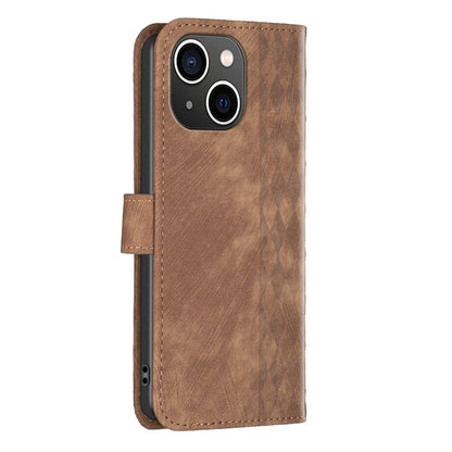 iPhone 15 Plaid Embossed Leather Phone Case – Premium Wallet Kickstand & Shock Absorption for Durable Protection