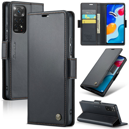 Xiaomi Redmi Note 11S Global Litchi Texture RFID Anti-theft Leather Phone Case with Butterfly Buckle, Stand & Card Wallet with TPU Shell