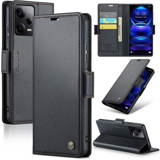 Xiaomi Redmi Note 12 Pro 5G Global Litchi Texture RFID Anti-theft Leather Phone Case with Butterfly Buckle, Stand & Card Wallet with TPU Shell