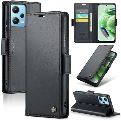 Xiaomi Redmi Note 12 5G Global Litchi Texture RFID Anti-theft Leather Phone Case with Butterfly Buckle, Stand & Card Wallet with TPU Shell