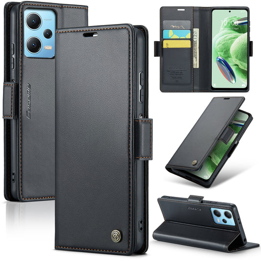 Xiaomi Redmi Note 12 5G Global Litchi Texture RFID Anti-theft Leather Phone Case with Butterfly Buckle, Stand & Card Wallet with TPU Shell