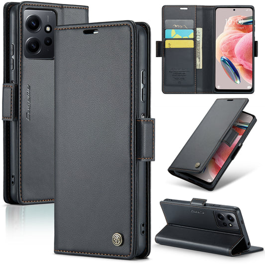 Xiaomi Redmi Note 12 4G Global Litchi Texture RFID Anti-theft Leather Phone Case with Butterfly Buckle, Stand & Card Wallet with TPU Shell
