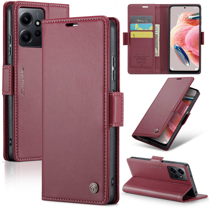 Xiaomi Redmi Note 12 4G Global Litchi Texture RFID Anti-theft Leather Phone Case with Butterfly Buckle, Stand & Card Wallet with TPU Shell