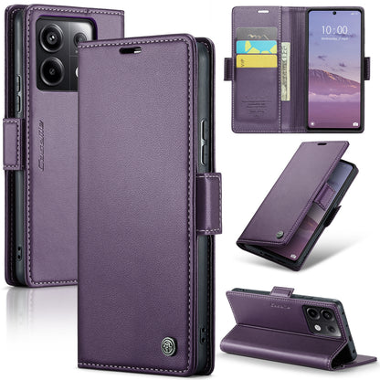 Xiaomi Poco X6 5G Litchi Texture RFID Anti-theft Leather Phone Case with Butterfly Buckle, Stand & Card Wallet with TPU Shell