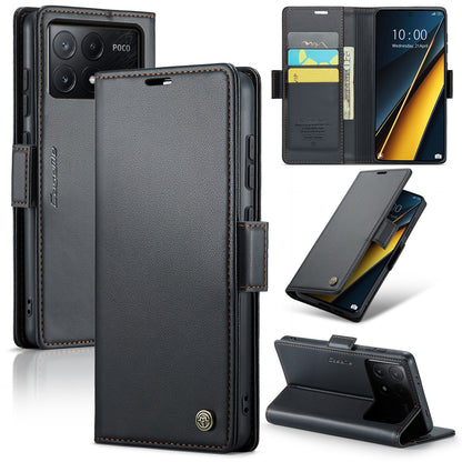 Xiaomi Redmi K70E 5G Litchi Texture RFID Anti-theft Leather Phone Case with Butterfly Buckle, Stand & Card Wallet with TPU Shell