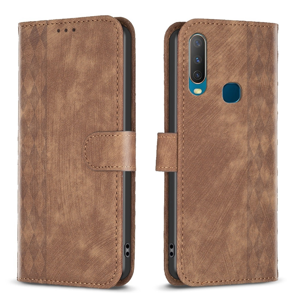vivo Y11 Plaid Embossed Leather Phone Case – Premium Wallet Kickstand & Shock Absorption for Durable Protection