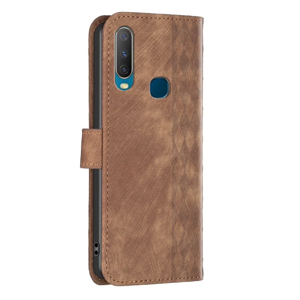 vivo Y15 Plaid Embossed Leather Phone Case – Premium Wallet Kickstand & Shock Absorption for Durable Protection