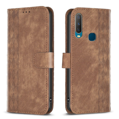 vivo Y12 Plaid Embossed Leather Phone Case – Premium Wallet Kickstand & Shock Absorption for Durable Protection
