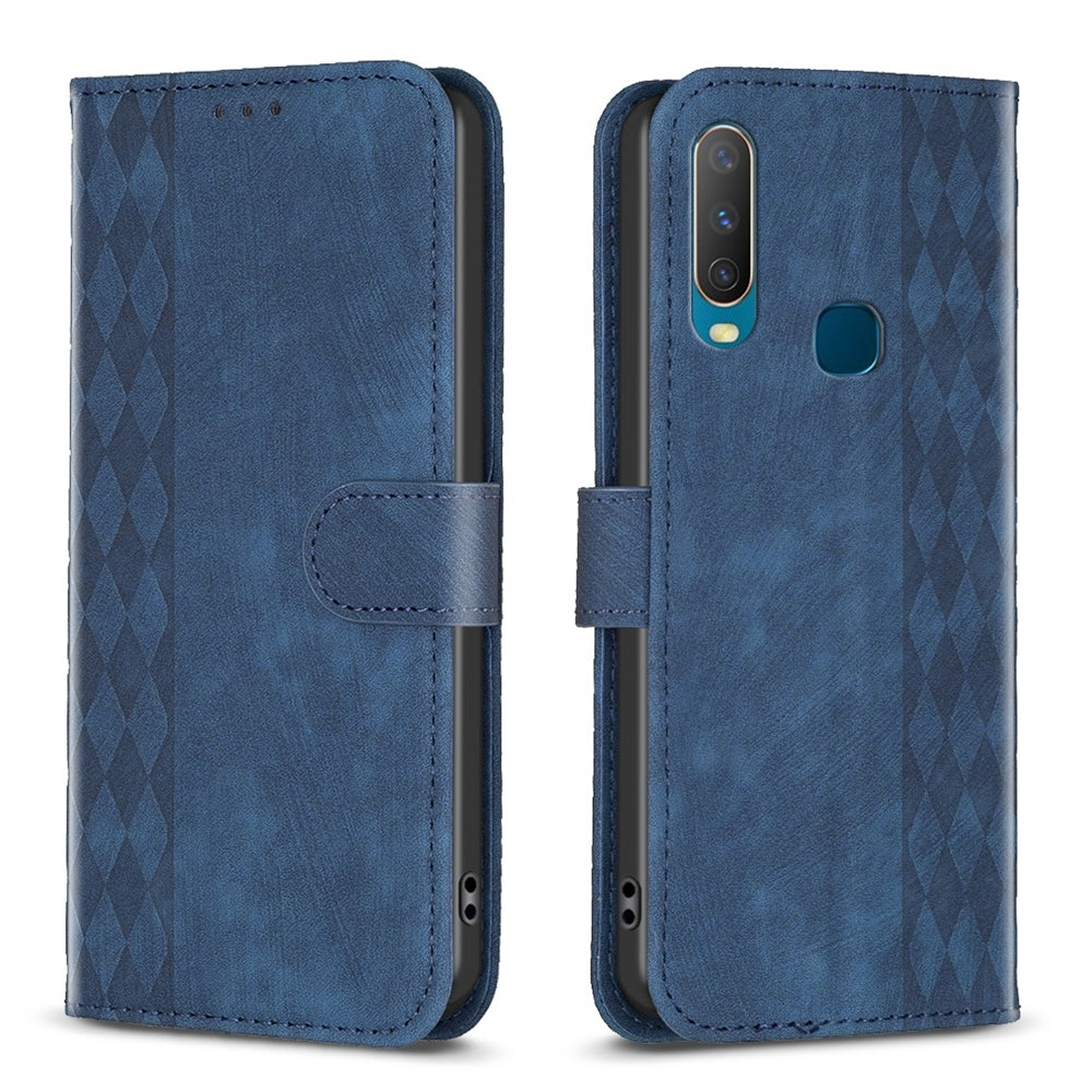 vivo Y11 Plaid Embossed Leather Phone Case – Premium Wallet Kickstand & Shock Absorption for Durable Protection