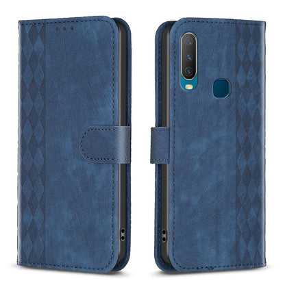 vivo Y17 Plaid Embossed Leather Phone Case – Premium Wallet Kickstand & Shock Absorption for Durable Protection