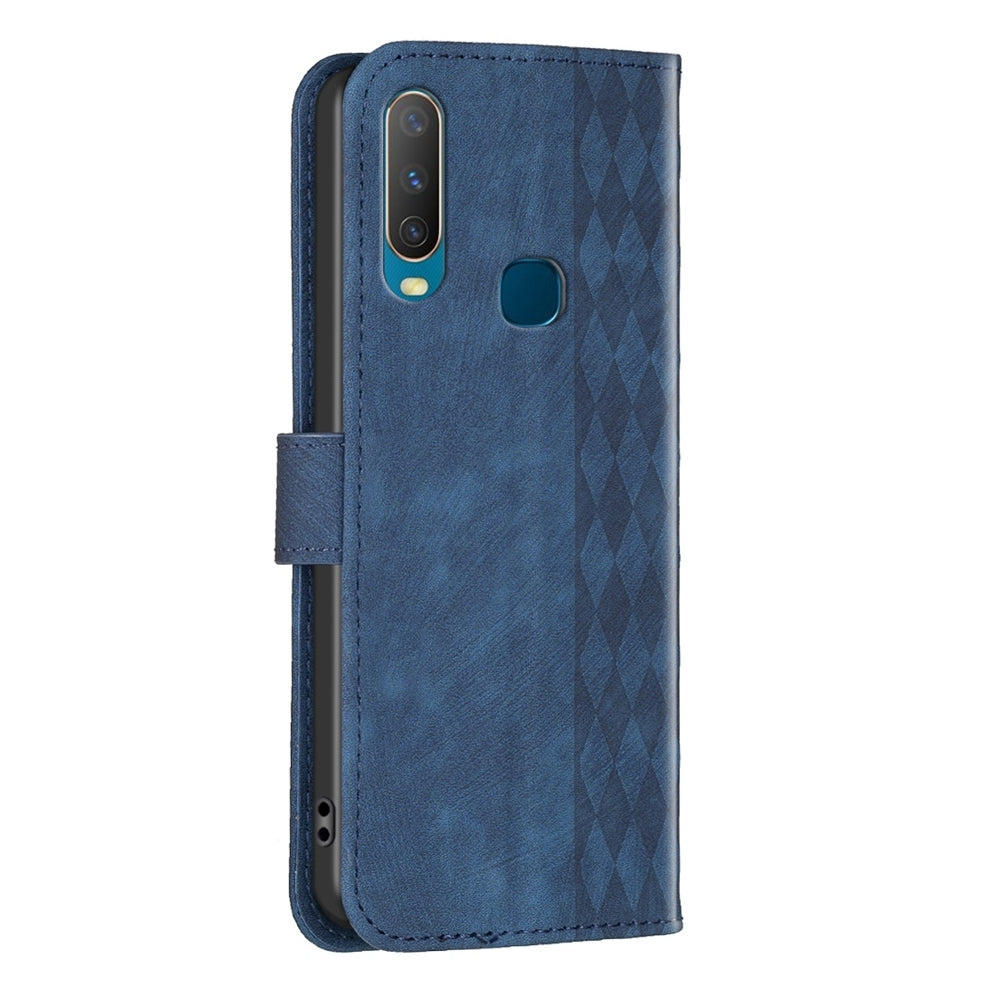 vivo Y11 Plaid Embossed Leather Phone Case – Premium Wallet Kickstand & Shock Absorption for Durable Protection