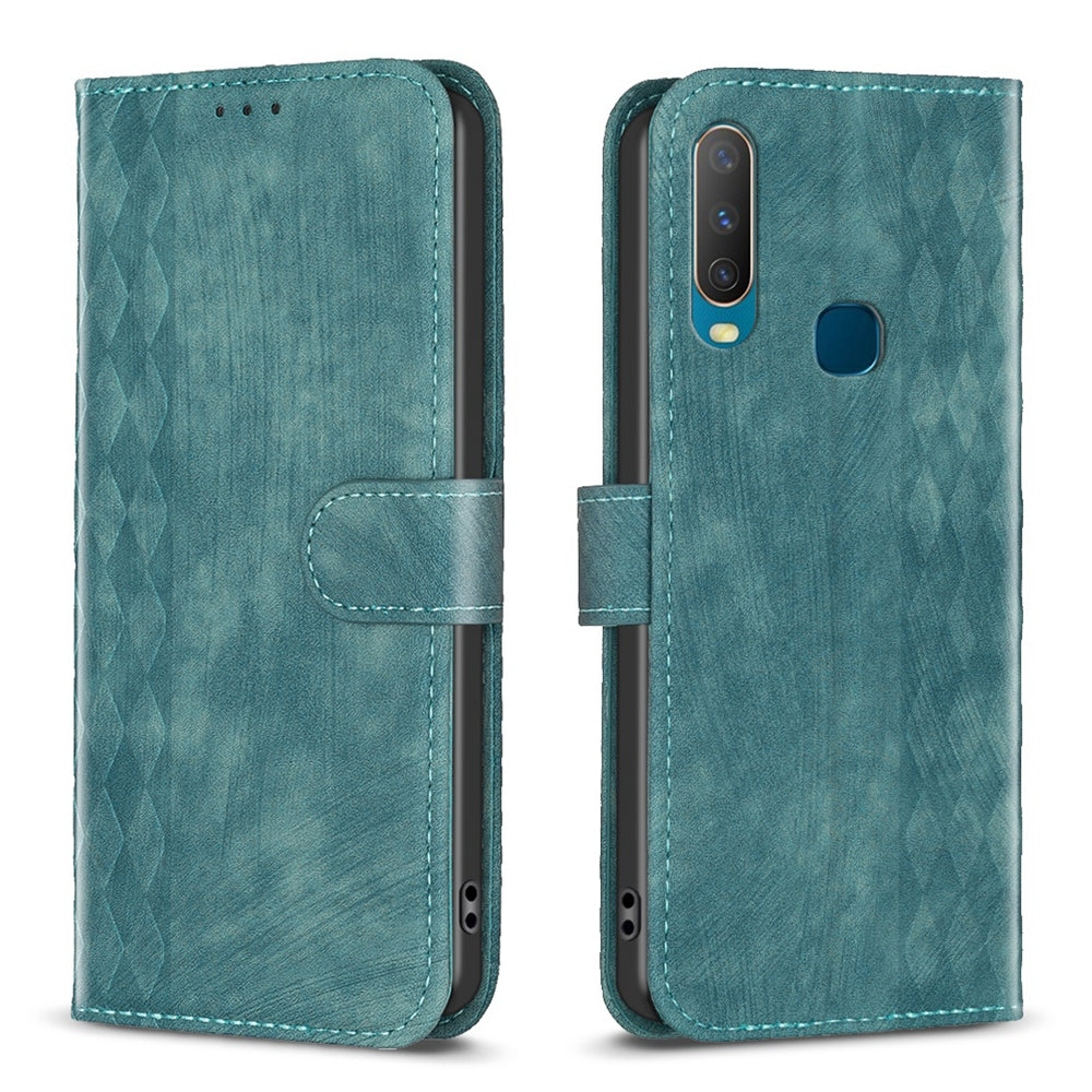 vivo Y12 Plaid Embossed Leather Phone Case – Premium Wallet Kickstand & Shock Absorption for Durable Protection
