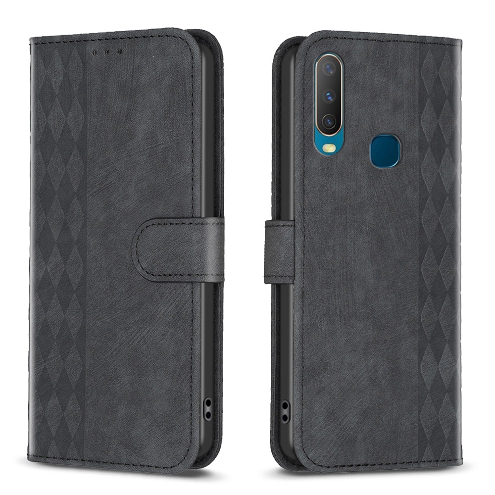 vivo Y12 Plaid Embossed Leather Phone Case – Premium Wallet Kickstand & Shock Absorption for Durable Protection