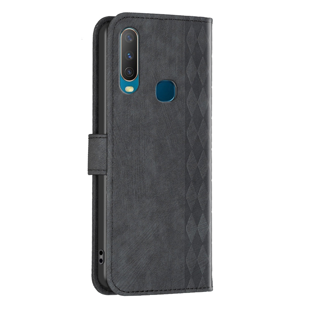 vivo Y17 Plaid Embossed Leather Phone Case – Premium Wallet Kickstand & Shock Absorption for Durable Protection