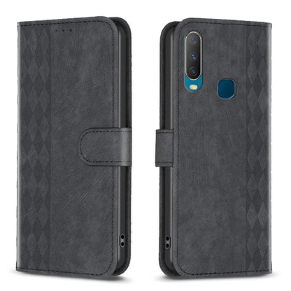vivo Y15 Plaid Embossed Leather Phone Case – Premium Wallet Kickstand & Shock Absorption for Durable Protection