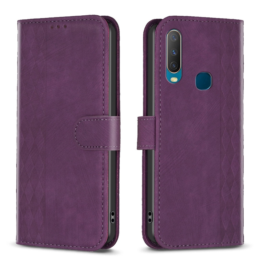 vivo Y11 Plaid Embossed Leather Phone Case – Premium Wallet Kickstand & Shock Absorption for Durable Protection
