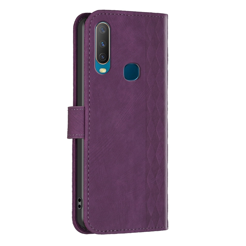 vivo Y15 Plaid Embossed Leather Phone Case – Premium Wallet Kickstand & Shock Absorption for Durable Protection