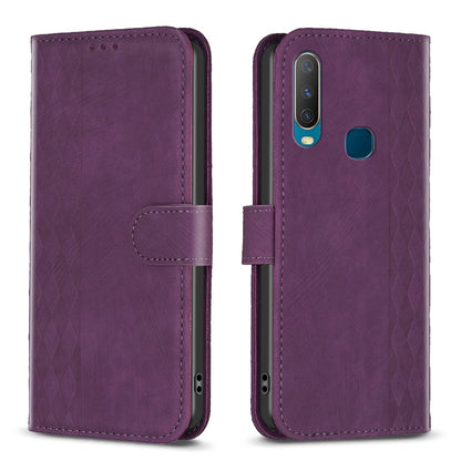 vivo Y12 Plaid Embossed Leather Phone Case – Premium Wallet Kickstand & Shock Absorption for Durable Protection