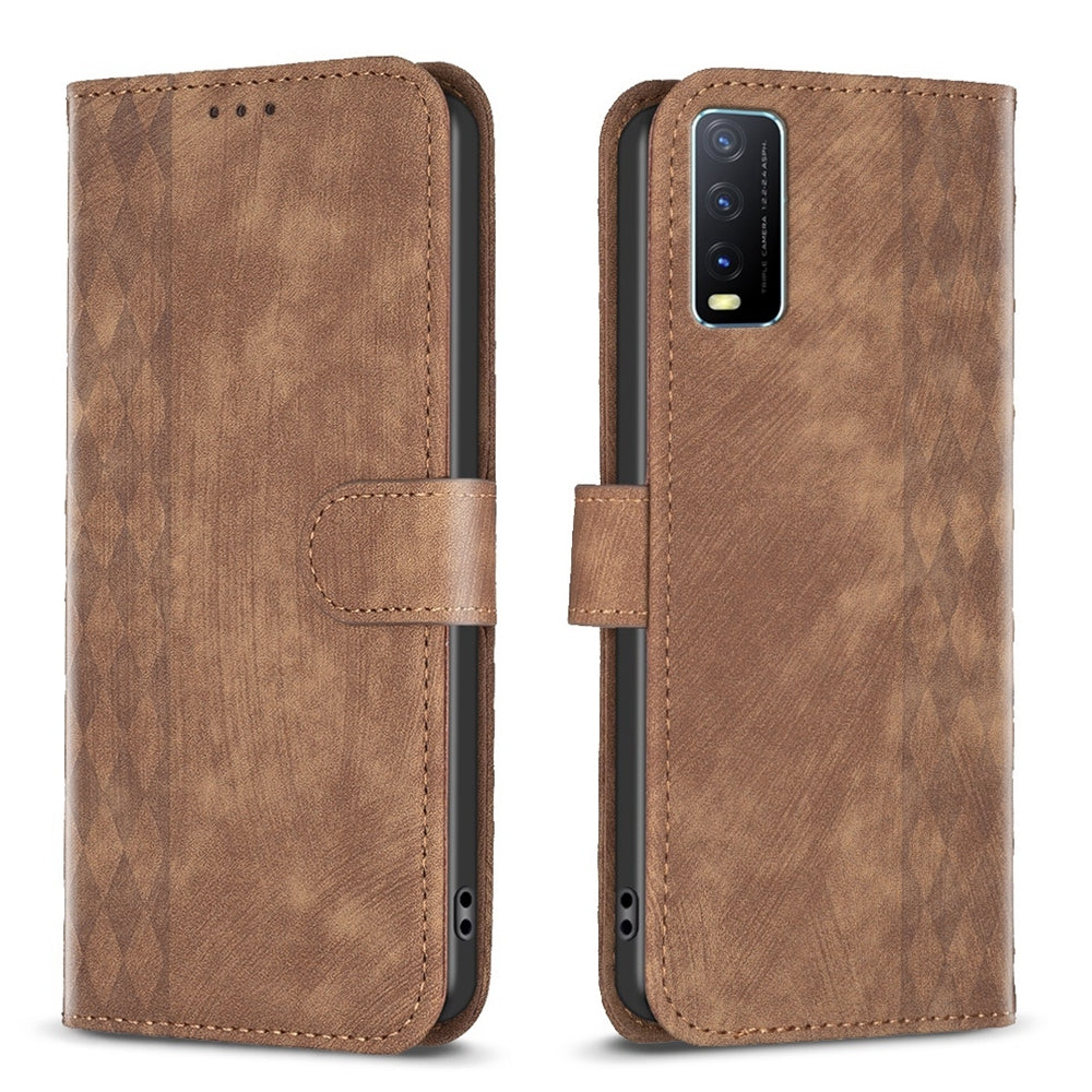 vivo Y20 Plaid Embossed Leather Phone Case – Premium Wallet Kickstand & Shock Absorption for Durable Protection