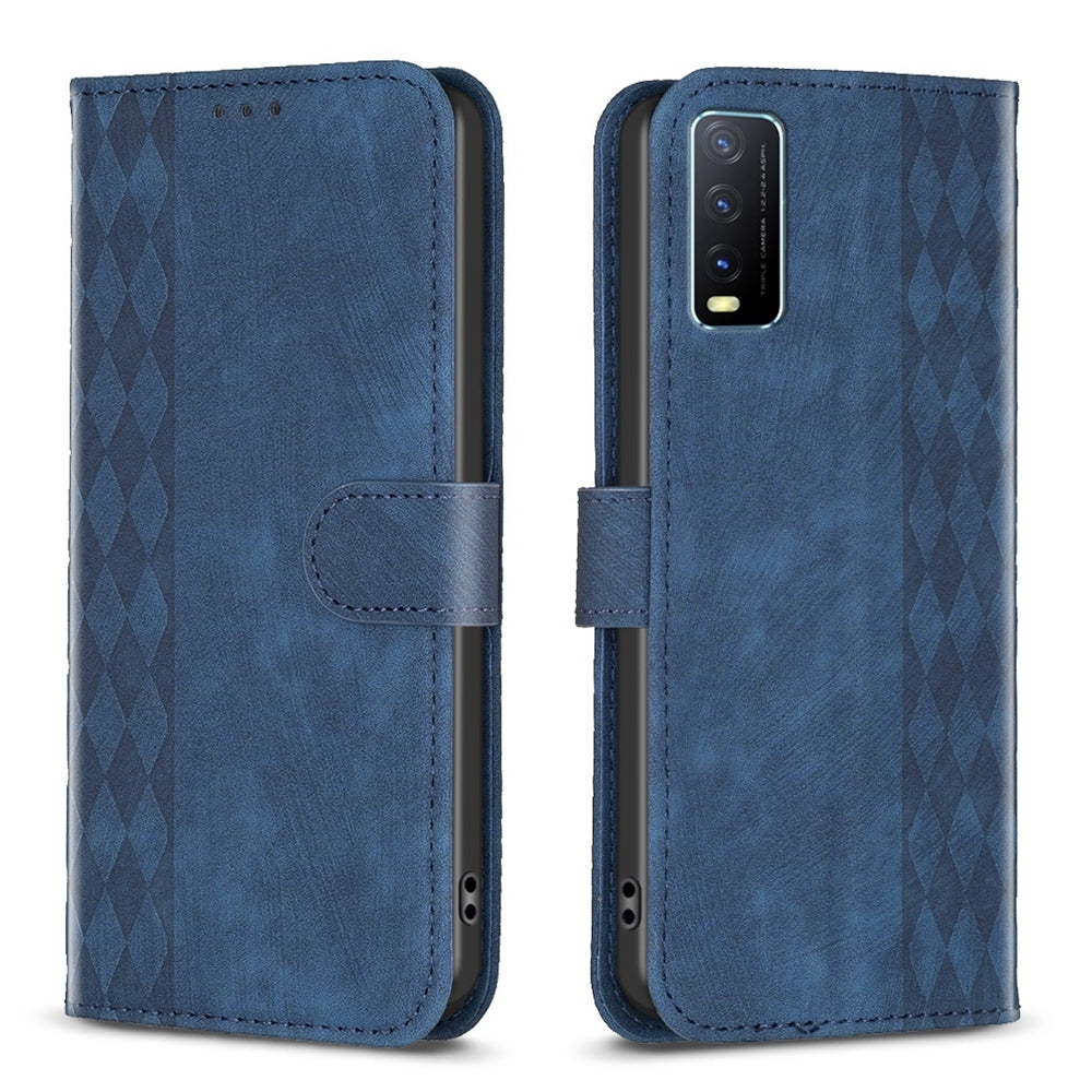 vivo Y20 Plaid Embossed Leather Phone Case – Premium Wallet Kickstand & Shock Absorption for Durable Protection