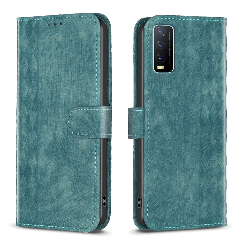 vivo Y20 Plaid Embossed Leather Phone Case – Premium Wallet Kickstand & Shock Absorption for Durable Protection
