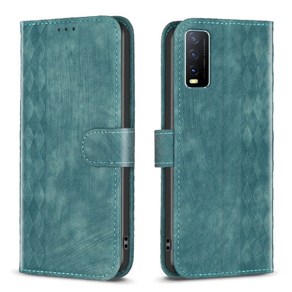 vivo Y20 Plaid Embossed Leather Phone Case – Premium Wallet Kickstand & Shock Absorption for Durable Protection