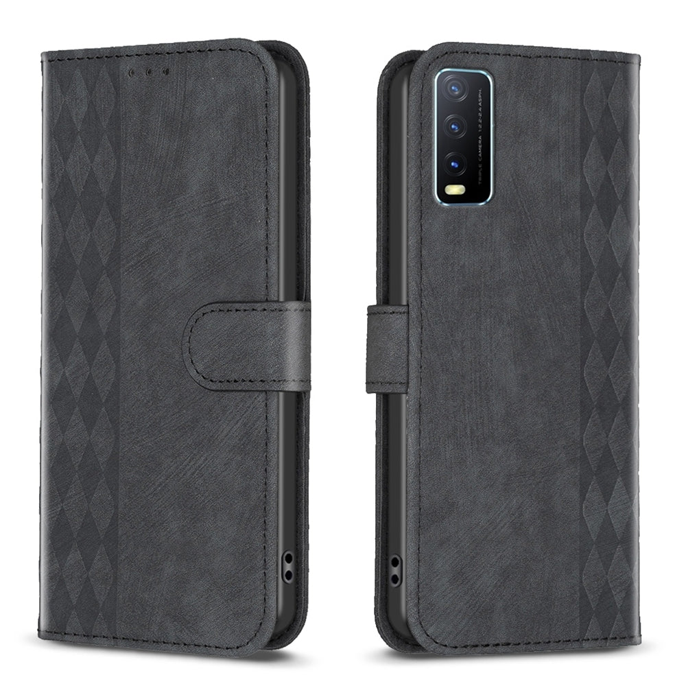 vivo Y20 Plaid Embossed Leather Phone Case – Premium Wallet Kickstand & Shock Absorption for Durable Protection