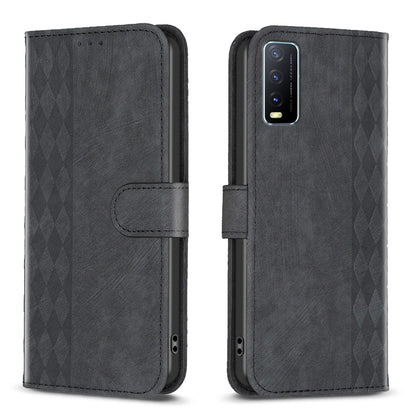 vivo Y20 Plaid Embossed Leather Phone Case – Premium Wallet Kickstand & Shock Absorption for Durable Protection