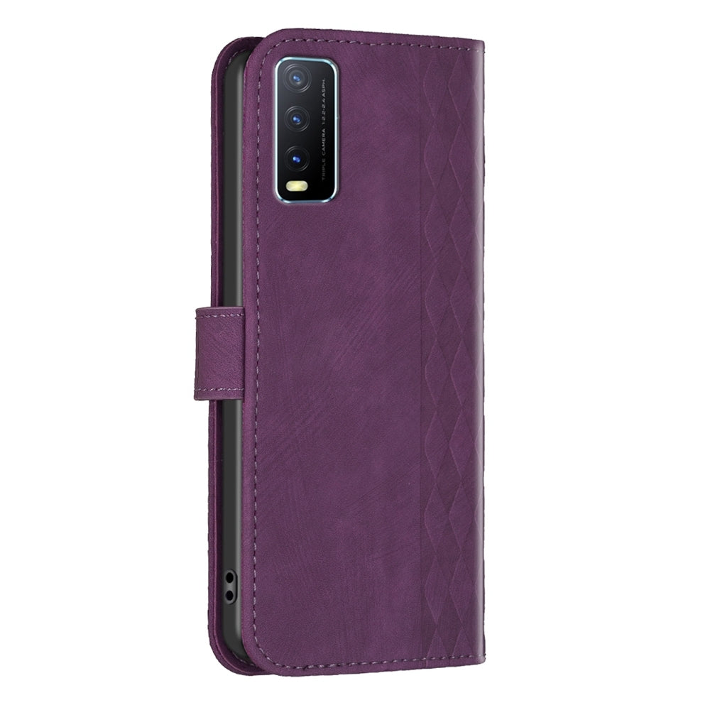 vivo Y20 Plaid Embossed Leather Phone Case – Premium Wallet Kickstand & Shock Absorption for Durable Protection