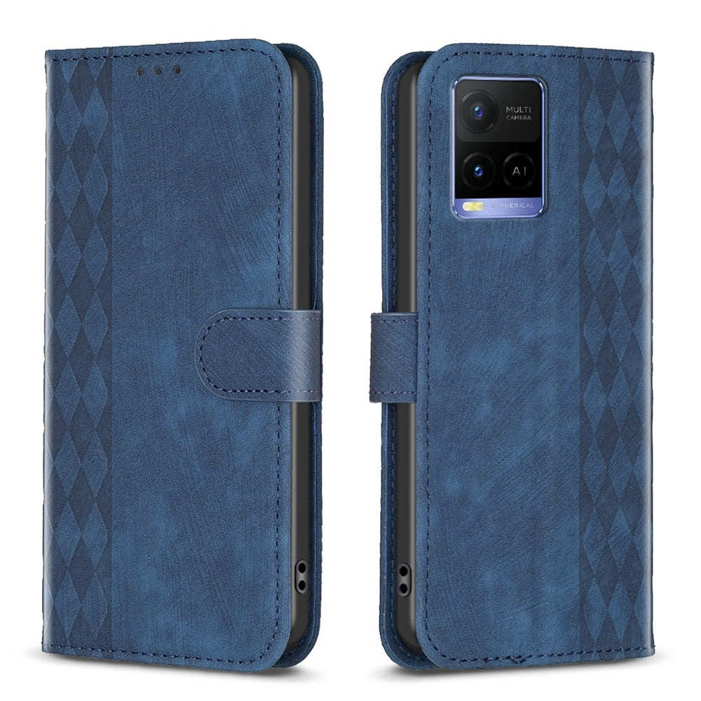 vivo Y21s Plaid Embossed Leather Phone Case – Premium Wallet Kickstand & Shock Absorption for Durable Protection