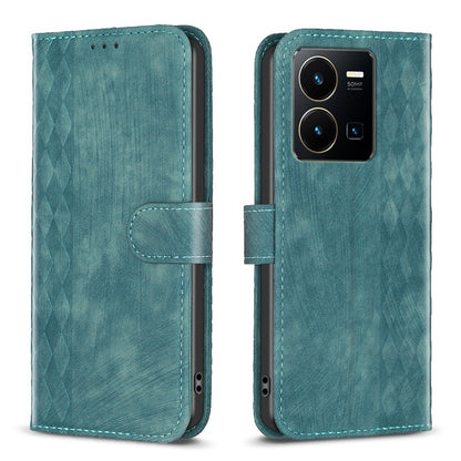 vivo Y22s Plaid Embossed Leather Phone Case – Premium Wallet Kickstand & Shock Absorption for Durable Protection