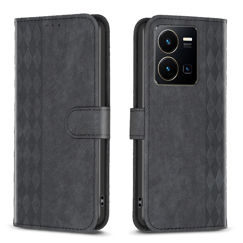 vivo Y22s Plaid Embossed Leather Phone Case – Premium Wallet Kickstand & Shock Absorption for Durable Protection