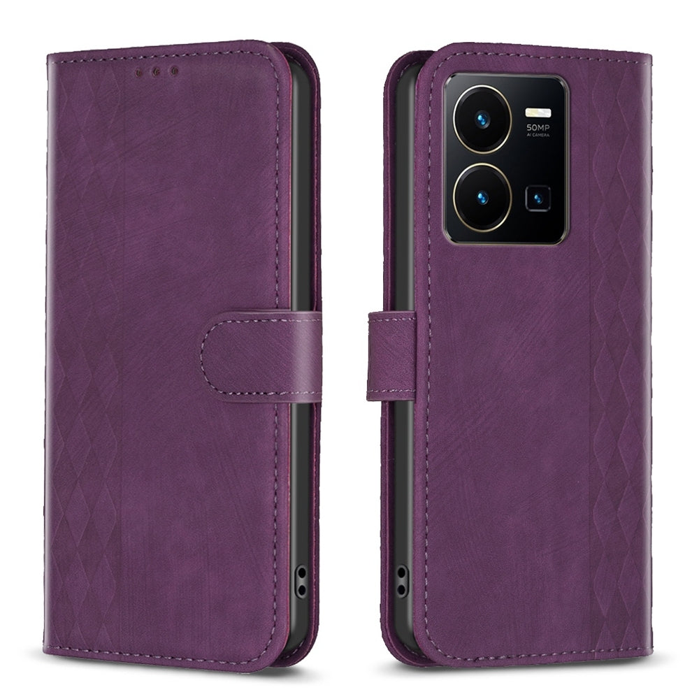 vivo Y22s Plaid Embossed Leather Phone Case – Premium Wallet Kickstand & Shock Absorption for Durable Protection