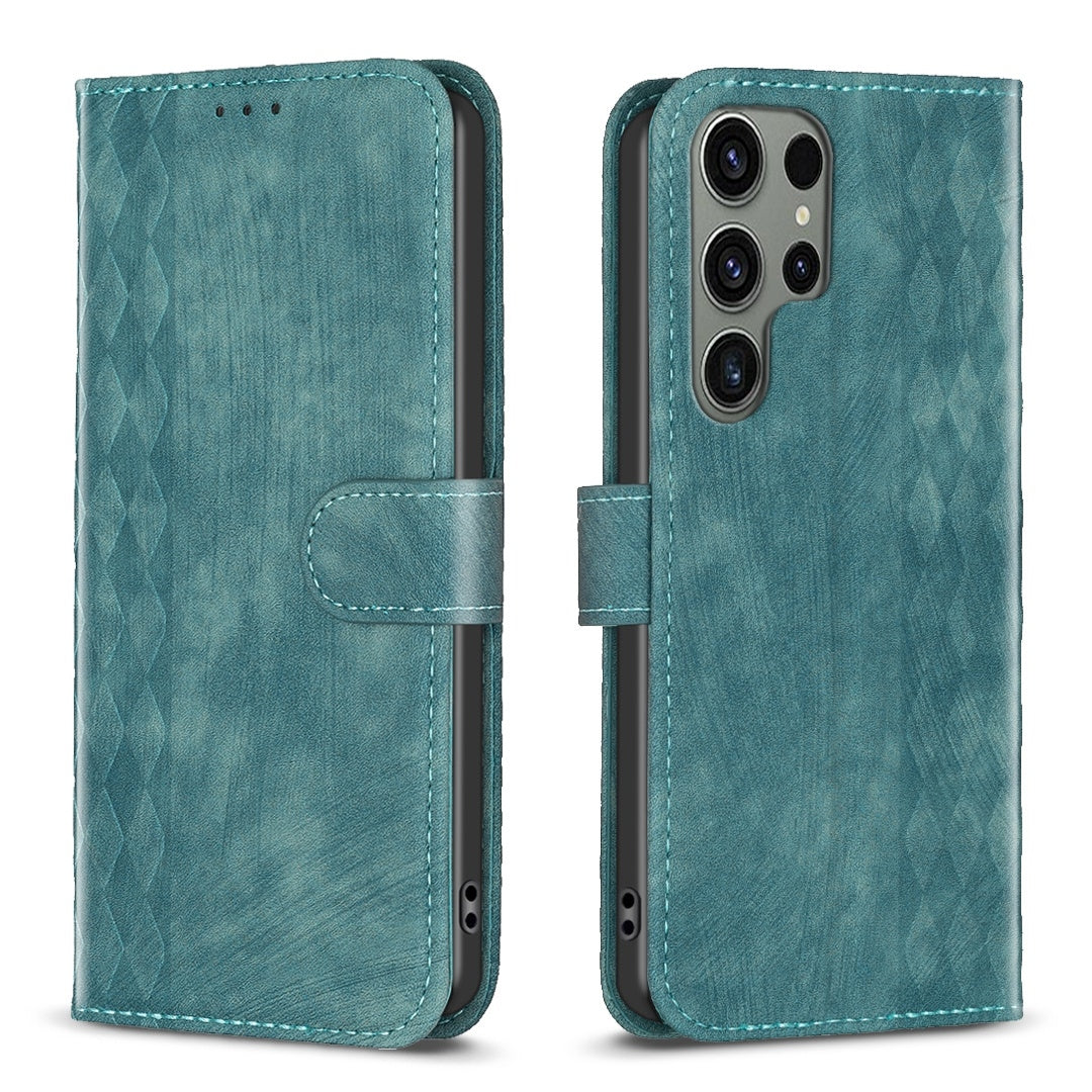 Samsung Galaxy S23 Ultra 5G Plaid Embossed Leather Phone Case – Premium Wallet Kickstand & Shock Absorption for Durable Protection