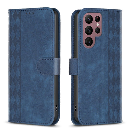 Samsung Galaxy S22 Ultra 5G Plaid Embossed Leather Phone Case – Premium Wallet Kickstand & Shock Absorption for Durable Protection