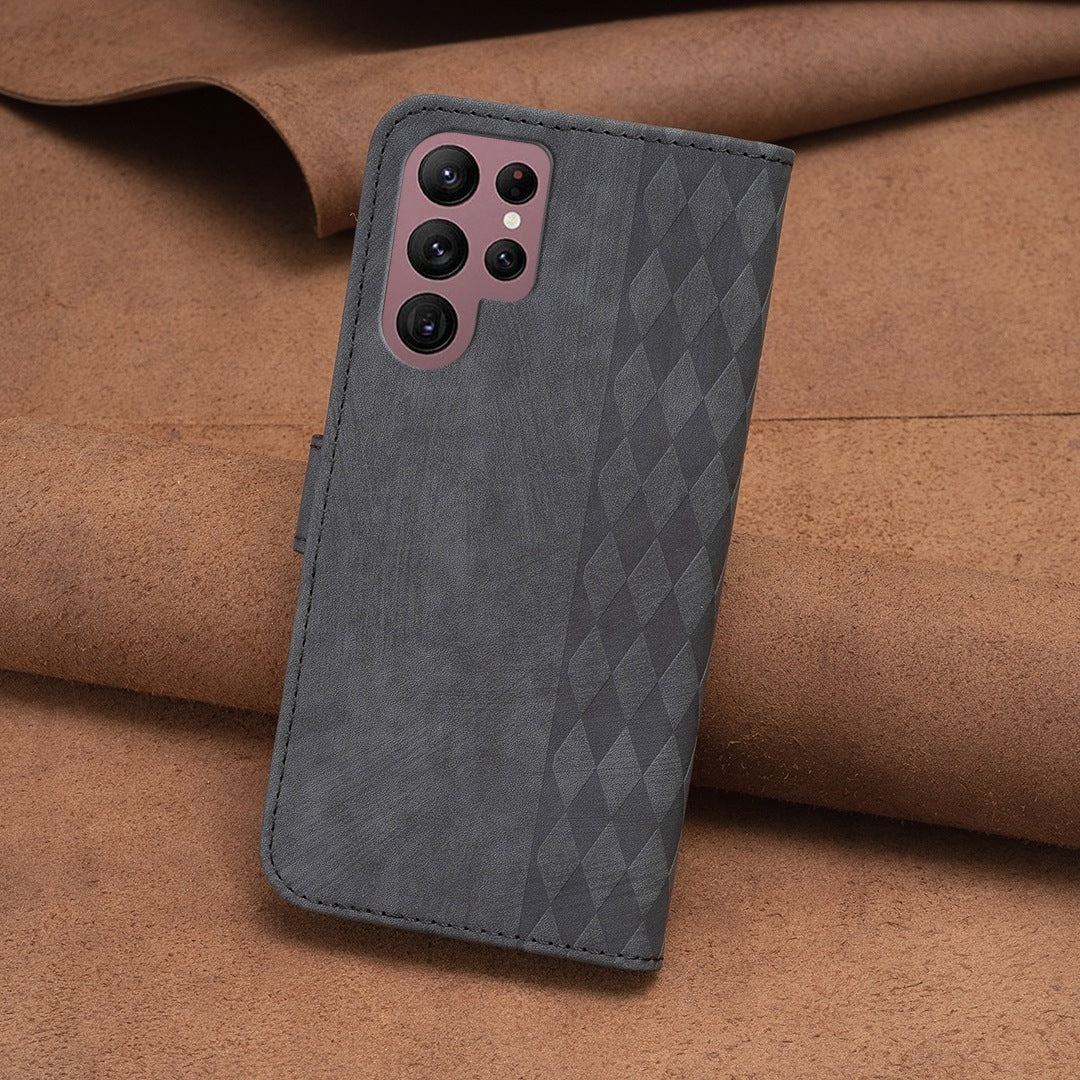 Samsung Galaxy S22 Ultra 5G Plaid Embossed Leather Phone Case – Premium Wallet Kickstand & Shock Absorption for Durable Protection