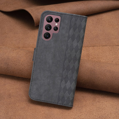 Samsung Galaxy S22 Ultra 5G Plaid Embossed Leather Phone Case – Premium Wallet Kickstand & Shock Absorption for Durable Protection